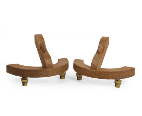 Workshop of Robert Mouseman Thompson (Kilburn): A Pair of English Oak Double Wall Light Brackets, semi-circular with two upwa