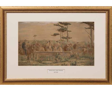 ELIZABETH SOUTHERDEN THOMPSON BUTLER (LADY BUTLER) (BRITISH 1846 - 1933),
WATERING HORSES, AUTUMN MANOEUVERS
watercolour heig