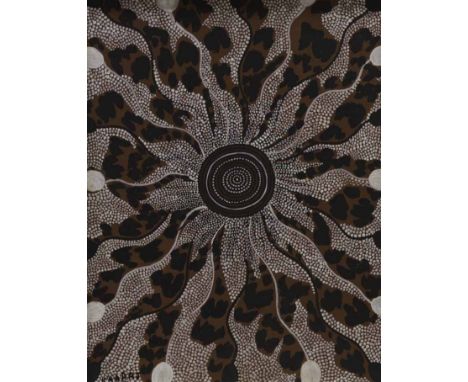 KAAPA MBITJANA TJAMPITJINPA (AUSTRALIAN 1920 - 1989),
BUSHFIRE DREAMING
acrylic on canvasboard, signed, signed and dated 1976