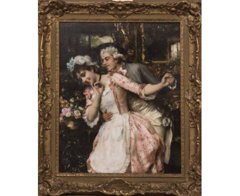 FEDERICO ANDREOTTI (FLORENCE, 1847 - 1930),
FLIRTATION
oil on canvas, signed, titled on the frame 
44.5cm x 37cm
Framed.
Note