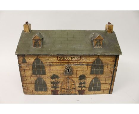 A LARGE GEORGIAN PAINTED "SCHOOL" HOUSE SHAPED TEA CADDY, with rising roof opening to reveal two tea compartments and place f