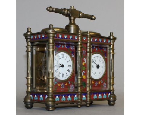 A SMALL FRENCH BRASS AND CLOISONNE ENAMEL DOUBLE DIAL CARRIAGE CLOCK. 5ins high.