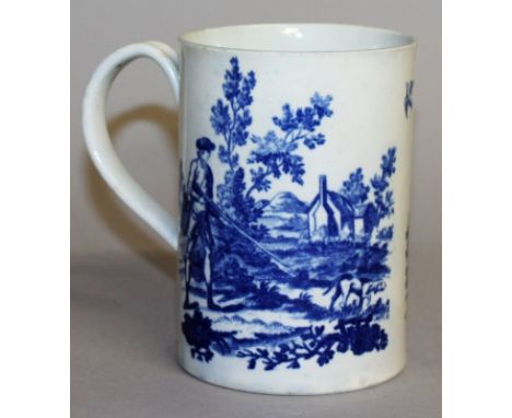 AN 18TH CENTURY WORCESTER MUG printed with two hunting scenes both with a man, rifle and dog in under-glaze blue, crescent ma