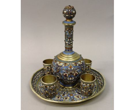 A SUPERB RUSSIAN SILVER AND CLOISONNE ENAMEL LIQUEUR SET comprising decanter and stopper, four beakers and circular tray.