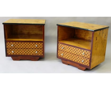 A PAIR OF ART DECO DESIGN CABINETS, with open shelf above two parquetry inlaid drawers on a plinth base. 2ft 0ins wide x 1ft 