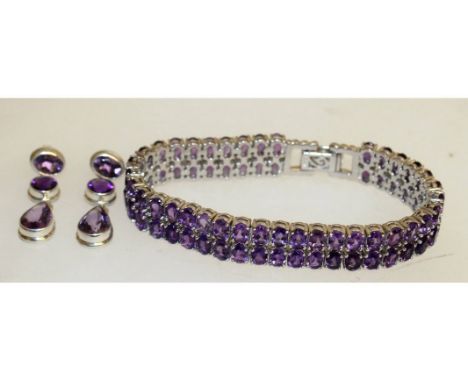 A SILVER REAL AMETHYST DOUBLE LINE BRACELET AND EARRINGS.