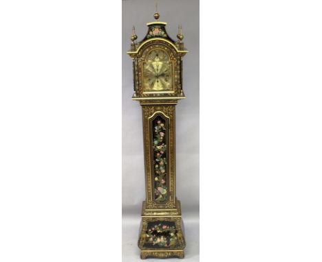 A GOOD BLACK LACQUER LONGCASE CLOCK, CIRCA 1950, with eight day movement, playing Westminster chimes, and Ave Maria. 6ft 7ins
