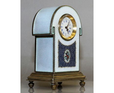 A SUPERB QUALITY FRENCH LIGHT BLUE ENAMEL AND SILVER DOMED TOP MINIATURE CLOCK, with blue and white Roman numerals, floral bl