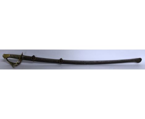 A MID 19TH CENTURY FRENCH LIGHT CAVALRY SWORD with pierced brass handle, signed and dated 1852 in a metal scabbard. 43ins ove