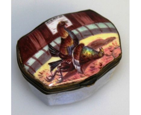 AN 18TH CENTURY SHAPED ENAMEL PATCH BOX AND COVER, the lid painted with a COCKFIGHTING SCENE, DEATH. 2ins.