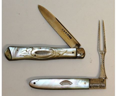 A VICTORIAN SILVER AND MOTHER-OF-PEARL FRUIT KNIFE and AN OLIVE FORK (2).