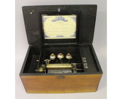 A 19TH CENTURY MAHOGANY CASED SWISS MUSICAL BOX, playing eight airs, with 6.25-inch drum, no teeth missing, three bells and b