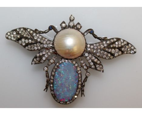 A SUPERB LARGE DIAMOND, PEARL AND OPAL BUG BROOCH.