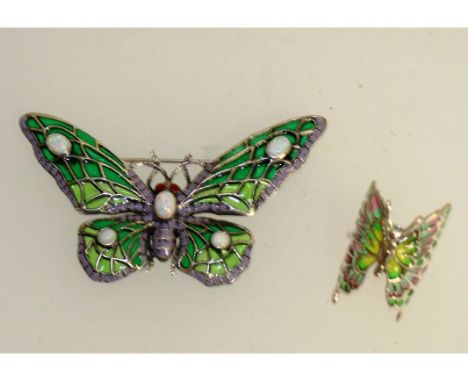 A SILVER AND ENAMEL BUTTERFLY BROOCH AND RING.