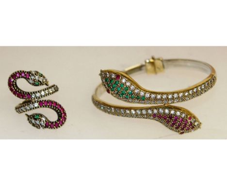 A SILVER GILT SNAKE RING AND BANGLE.