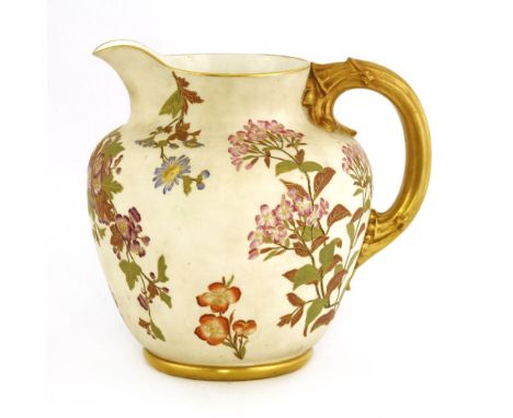 A large Royal Worcester blush ivory jug,1888, with painted flowering foliage and a moulded gilt handle, printed mark,22.5cm h