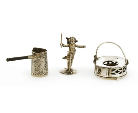 A Dutch white metal toy brazier,import marks, with a swing handle and pierced sides,3.4cm diameter,a German miniature white m