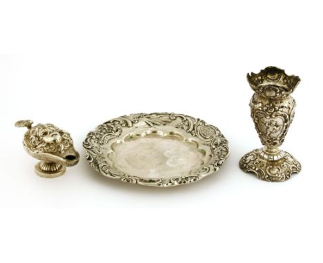 A Continental white metal miniature Roman oil lamp,8cm long,a Continental miniature silver vase,English import marks for 1893