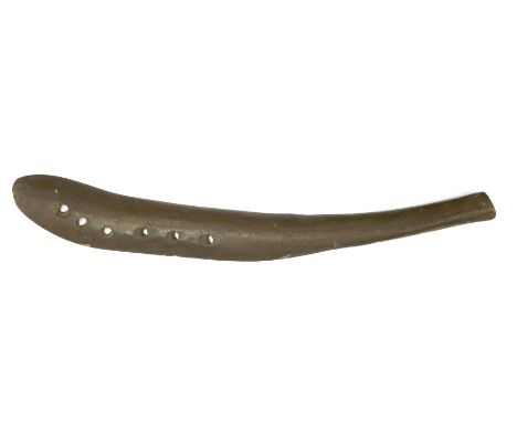 An Aboriginal mangrove wood fire stick,of carved bat form with six holes,60cm long