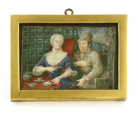 An hand-painted playing card,18th century, the nine of diamonds, painted verso with a couple enjoying tea in the garden, wate