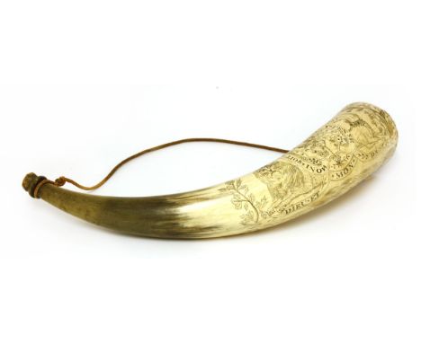 A scrimshaw powder horn,early 19th century, finely decorated with pen and ink design, depicting Neptune on his chariot and an