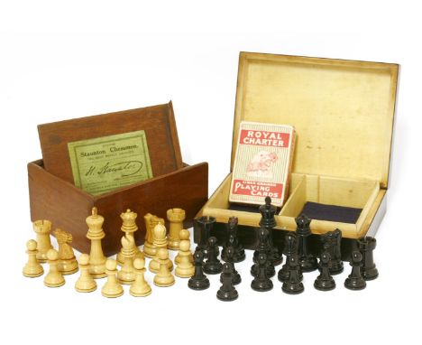 An ebony and boxwood pattern chess set, by J Jacques &amp; Son Ltd., Staunton, in original box, king 7cm high,together with a