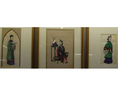 Chinese school, a portrait of a lady, watercolour on pith paper, 16 x 9 cm, and two others similar (3)