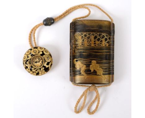 A Japanese lacquer four case inro, decorated figures pulling a boat, 8 cm, the cord with a pierced metal ojime and a carved a