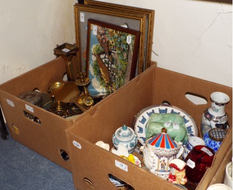 Assorted ceramics, two oak tables, a fire screen, and other items (qty)