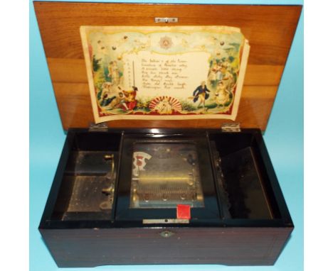 A Swiss lever wind music box, with 9 cm comb, playing eight airs, in a painted beech case, retailed by B H A Ste Croix, Switz