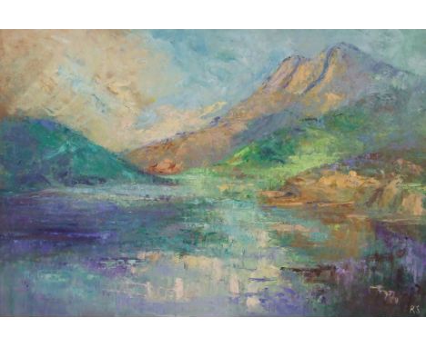 Rosemary Simmons, Mountain Light 7, oil on canvas, initialled, label verso, 59.5 x 90 cm, John Palmer, a beach scene, waterco