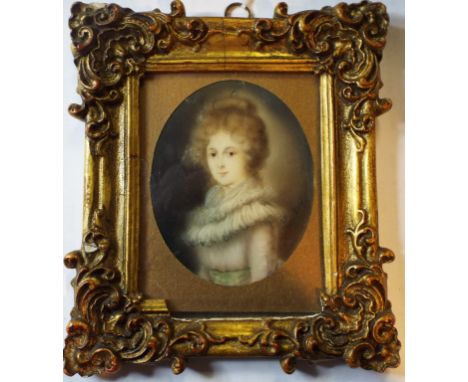 An oval bust portrait miniature, of a lady, watercolour, initialled V H, 8 x 6.5 cm