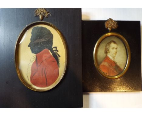 An oval bust portrait miniature, of a gentleman, watercolour on ivory, 6.5 x 5 cm, and an oval bust portrait silhouette of a 