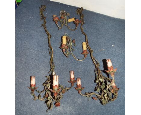 A pair of three branch light fittings, decorated flowers and foliage, and matching items (box) Condition report Report by GH
