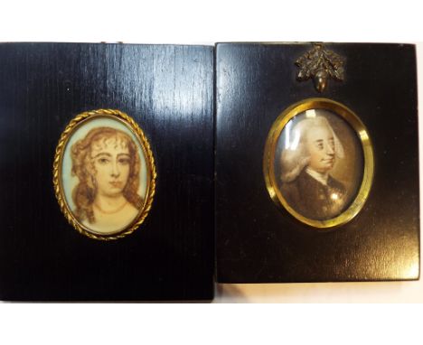 An oval bust portrait miniature, of a gentleman, watercolour, 5 x 4 cm, and another similar of a lady (2)