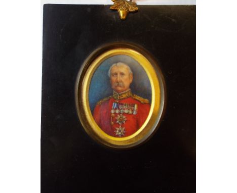 An oval bust portrait miniature, of General Sir William Lockhart, Commander in Chief India 1894, watercolour on ivory, label 