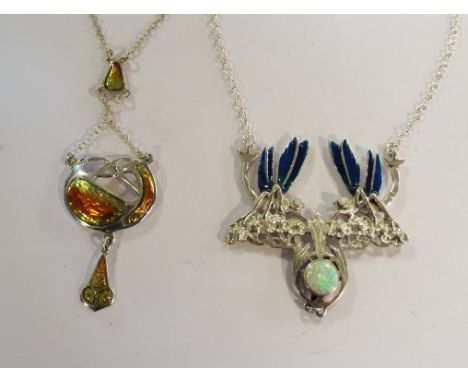 A silver and enamel necklace, in the form of dragonflies, and another (2)