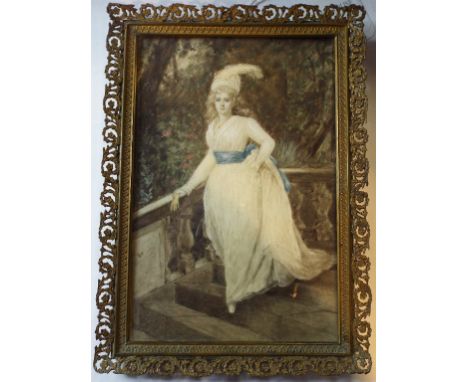 A full length portrait miniature, of a lady in a garden, watercolour, indistinctly signed, 14 x 9.5 cm