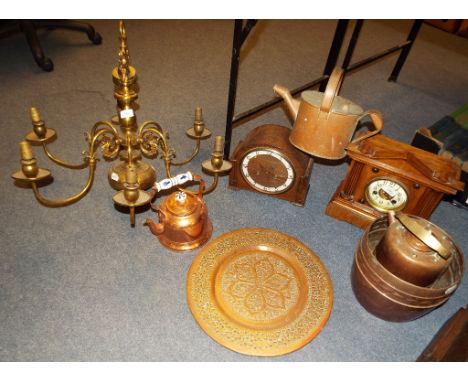 A Dutch style six light electrolier, two mantel clocks, and other metalwares (box)