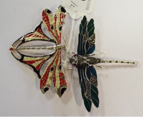 A silver and enamel brooch, in the form of a dragonfly, and another (2)