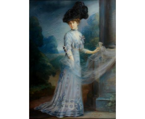 Continental school, a full length portrait of a Parisian belle, standing by a column, pastel, bears a signature, Reutlinger a