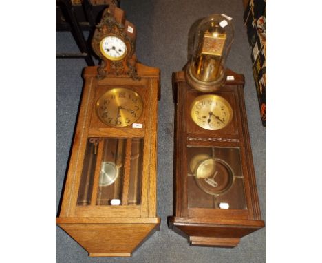 Two oak wall clocks, a French style mantel clock, and a 400 day clock (4)