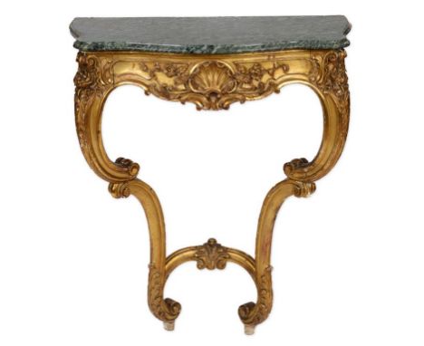 A Louis XVI style giltwood console table, carved shells and foliage, the green marble top 74 cm wide  See illustration