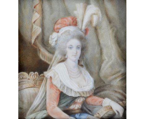 A bust portrait miniature, of a seated lady with a feather headdress, watercolour on ivory, signed Isabey and dated 1788, 9.5