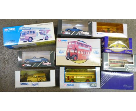 Ten Corgi die-cast model vehicles, including Nottingham City Transport Metrobus, Midland Bus, West Yorkshire Turntable Ladder