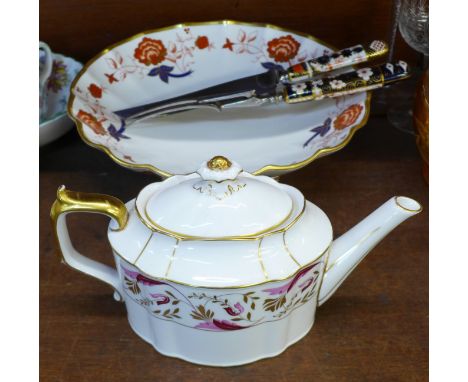 A Royal Crown Derby Princess teapot, a/f, a shallow footed bowl, a/f and a knife and carving fork