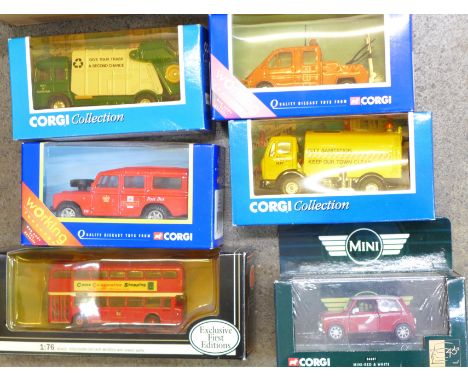 Five Corgi model vehicles including Royal Mail Post Bus and Mini Cooper, and an EFE City of Manchester bus, all boxed 