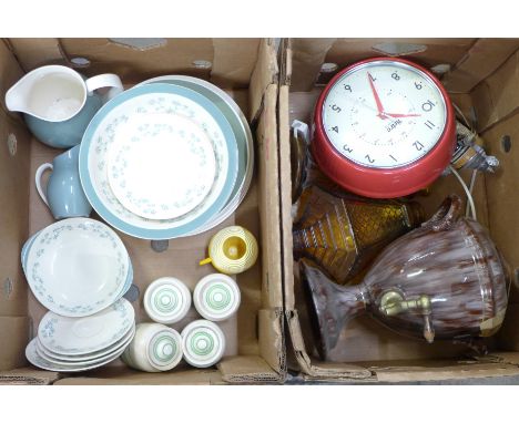 Susie Cooper dinner plates, Royal Doulton April Showers china, four small Kleen Kitchen Ware storage jars, a retro kitchen cl