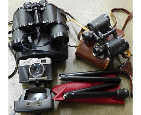 Two pairs of binoculars, a folding walking stick and an Agfa camera 