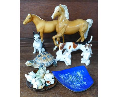 A Royal Doulton hound, two Beswick horses, a/f (ears), other models of dogs, Wade tortoise and three copper and enamel pin di